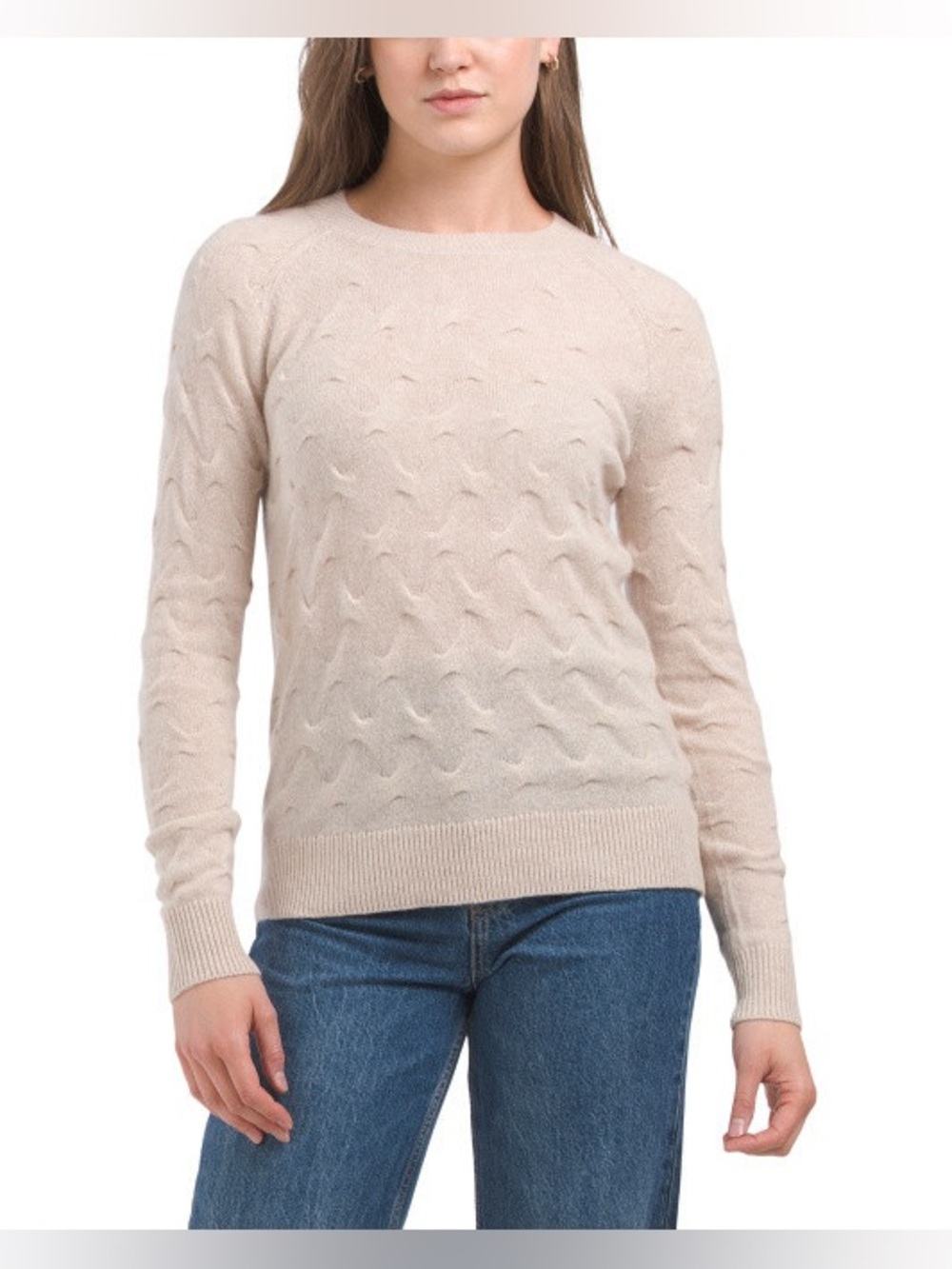 Theory Women’s Cashmere Tucked Sweater Size P Twisted Textured Cable-Knit Beige